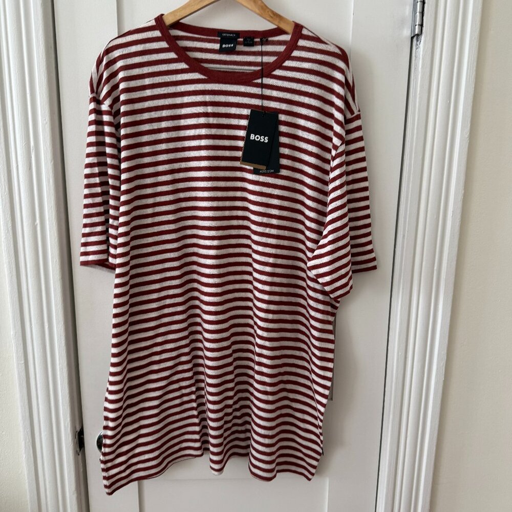 NWT HUGO BOSS Men’s Tiburt 457 Crewneck Shirt Size 3XLT Beige Cotton Linen Blend